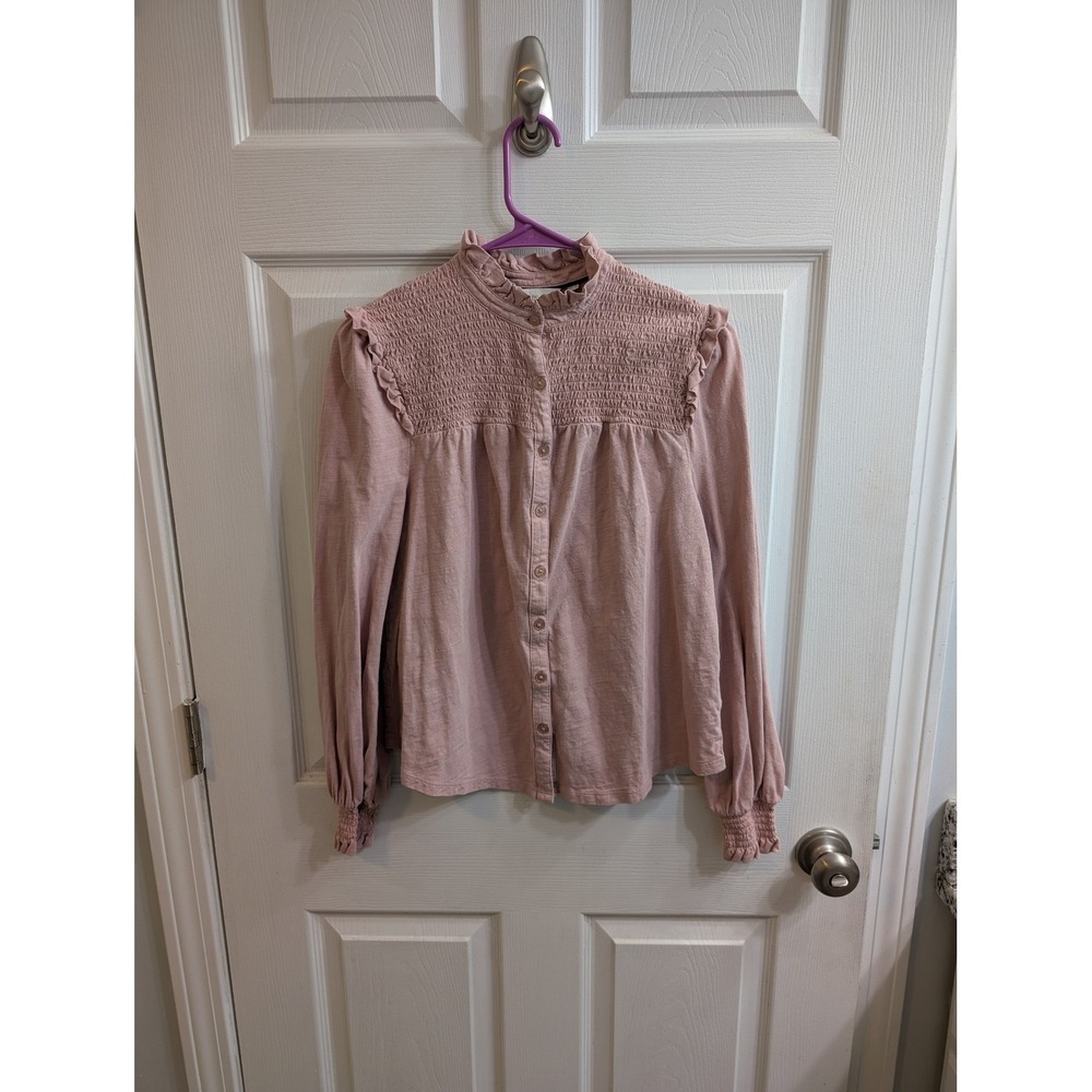 Boden Smocked Neck Button Front Long Sleeve‎ Blouse Pink Cotton - Size 14